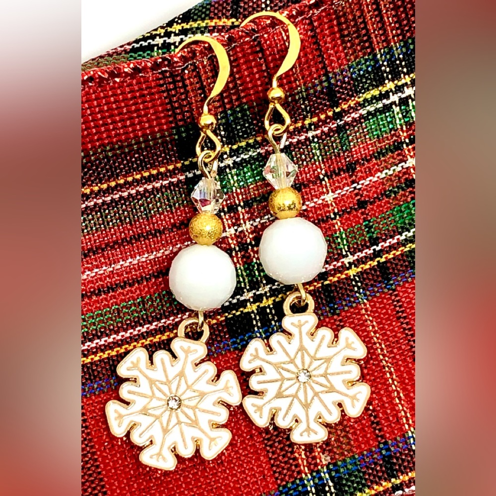 Christmas White Enamel Snowflake Crystal Glass Gold Stardust Earrings Winter 2”